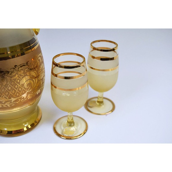 Bohemian Glass Czechoslovakia Gold Boho MCM Decanter/Pitcher + Glasses w/Labels - Picture 7 of 12